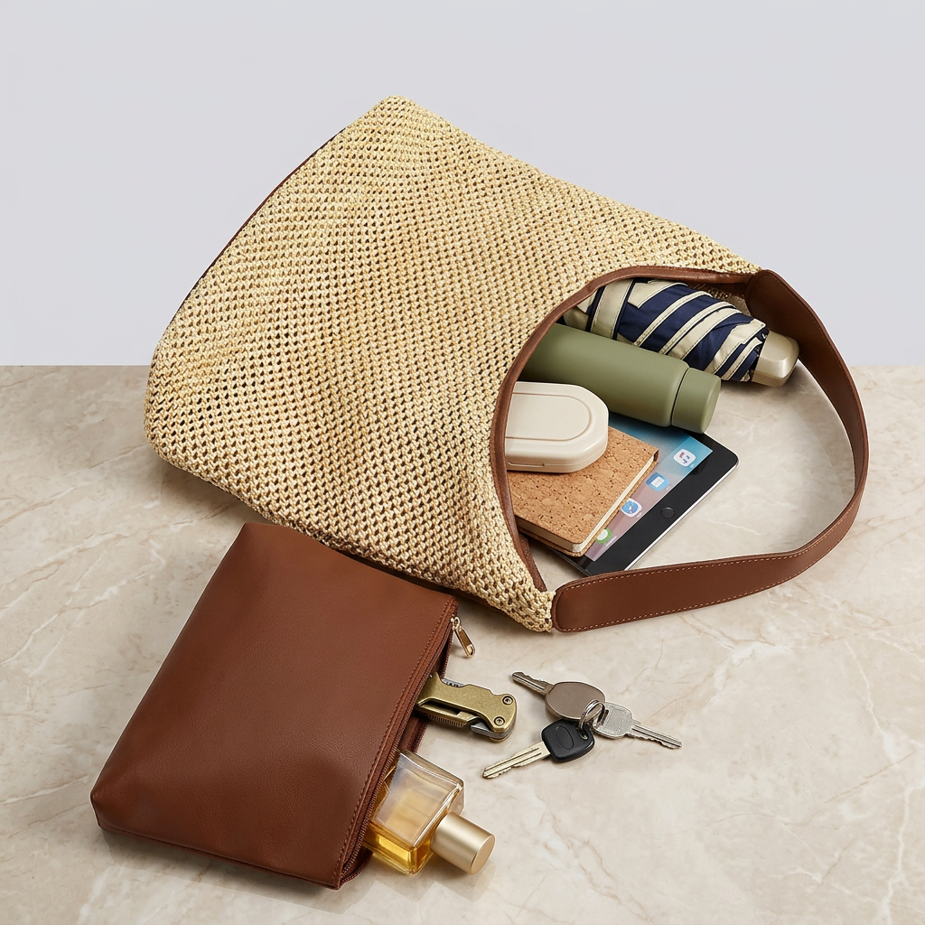 Astraea Boho Hobo Bag - Woven Straw & PU Leather - Image 3