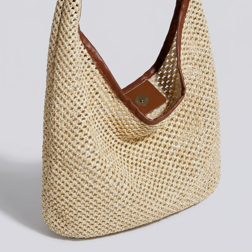 Astraea Boho Hobo Bag - Woven Straw & PU Leather - Image 6