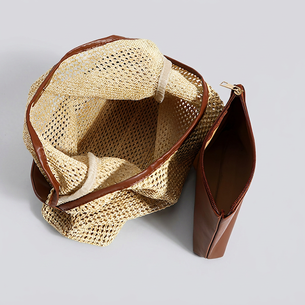 Astraea Boho Hobo Bag - Woven Straw & PU Leather - Image 2
