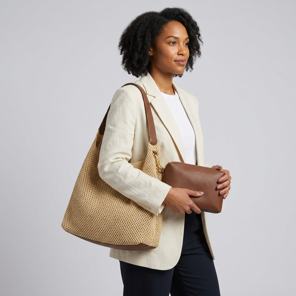 Astraea Boho Hobo Bag - Woven Straw & PU Leather - Image 7