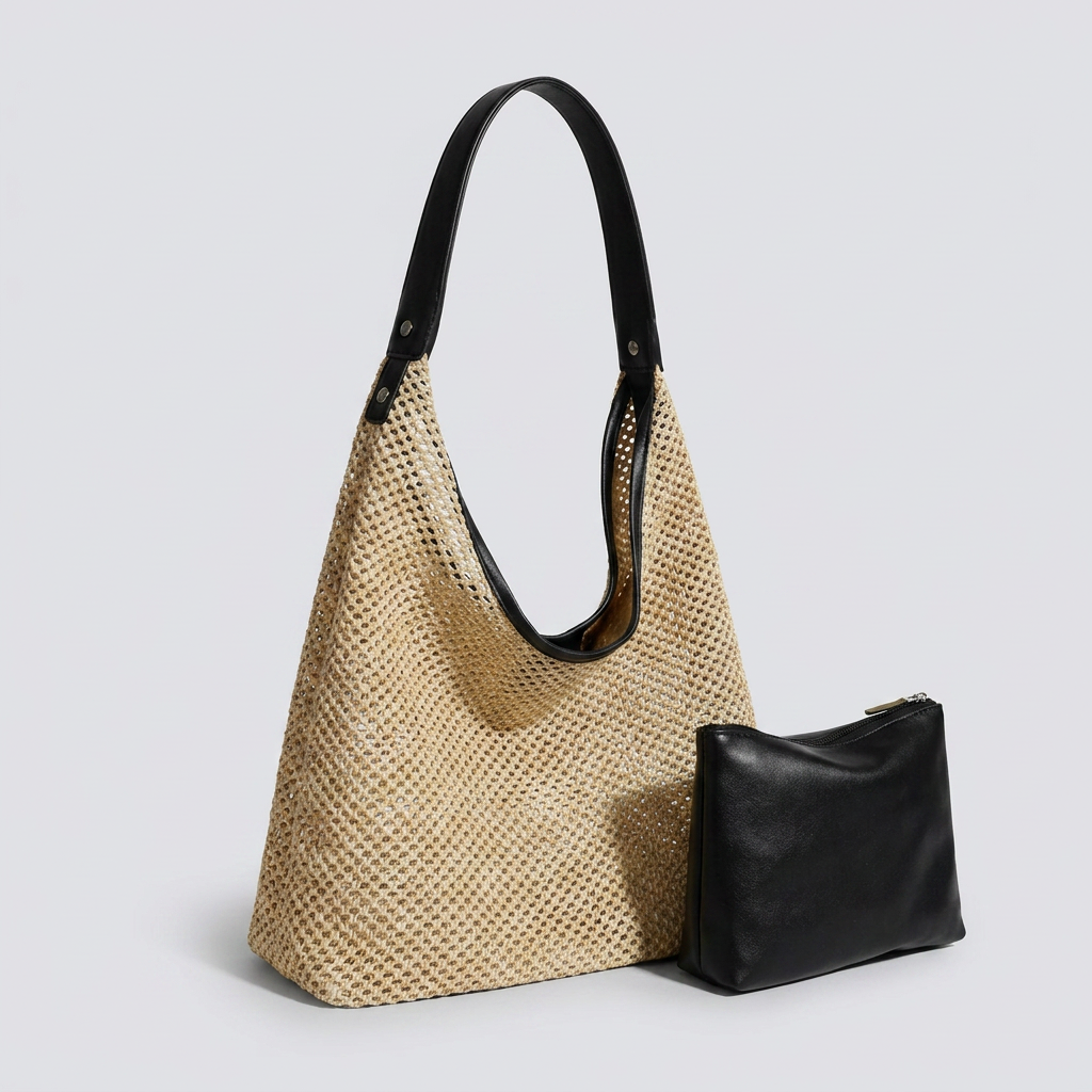 Astraea Boho Hobo Bag - Woven Straw & PU Leather - Image 14